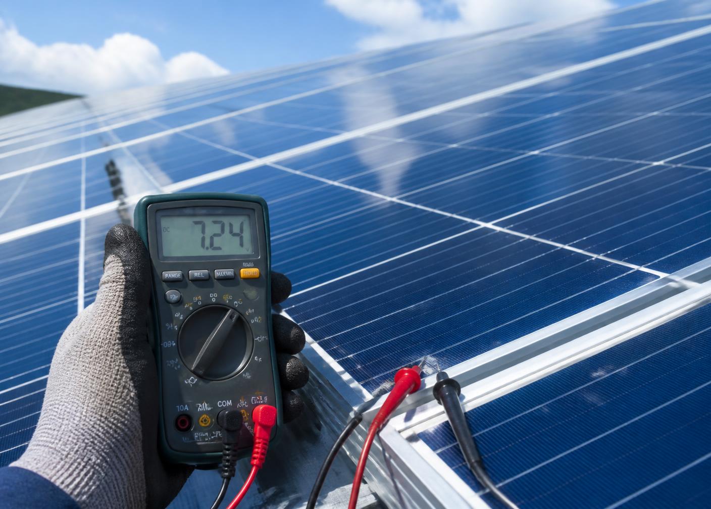 Técnico da EM realizando medições em módulos fotovoltaicos